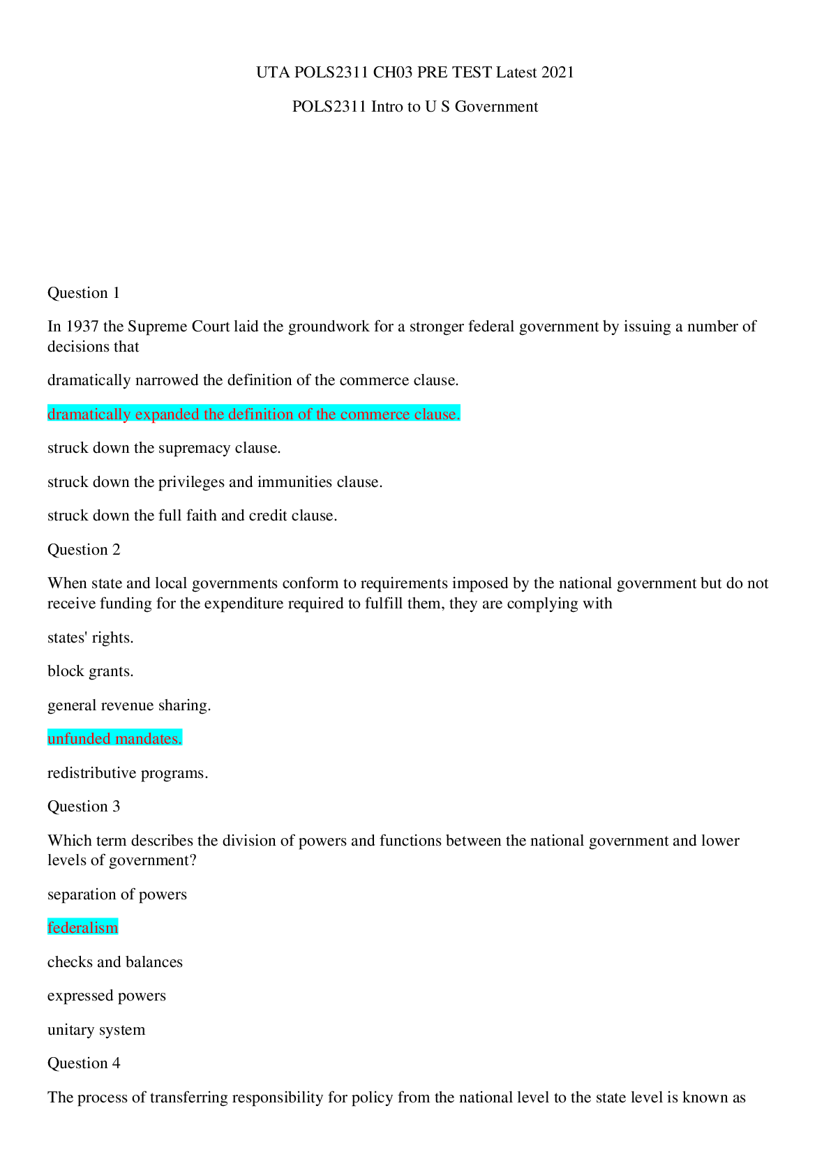 Preview image for UTA POLS2311 CH03 PRE TEST Latest 2021/UTA POLS2311 CH03 PRE TEST Latest 2021